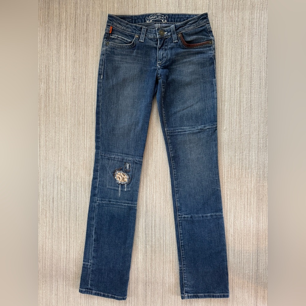Robin’s Jean low rise‎ straight leg denim pants leather flap pockets women 26